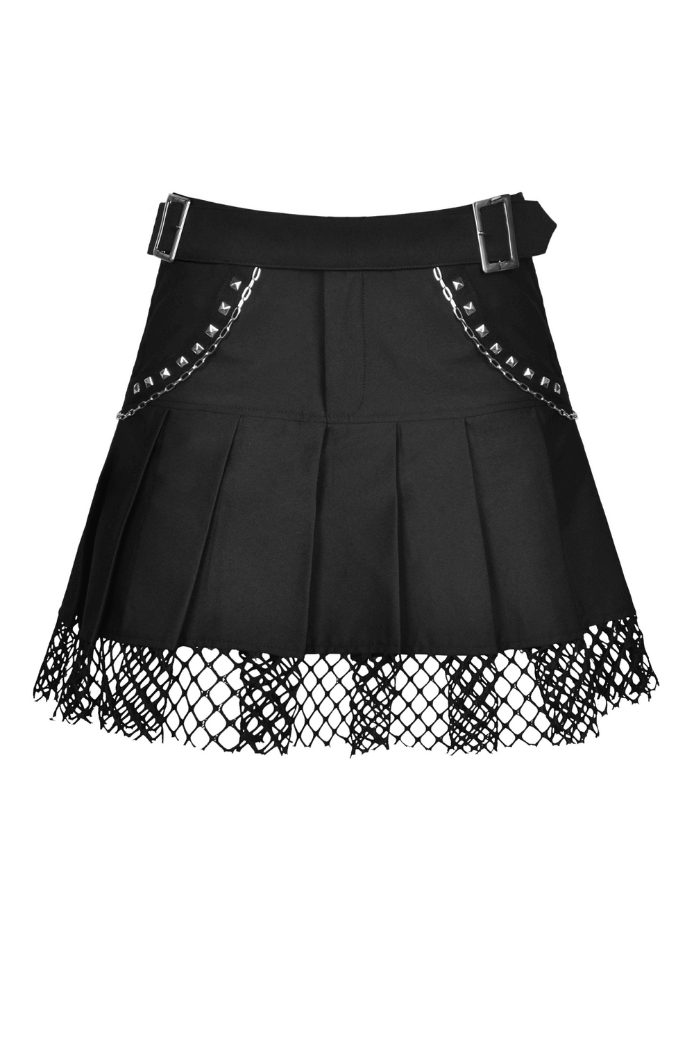Gothic black mini skirt with pleated details and studded mesh overlay, perfect for edgy outfits.
