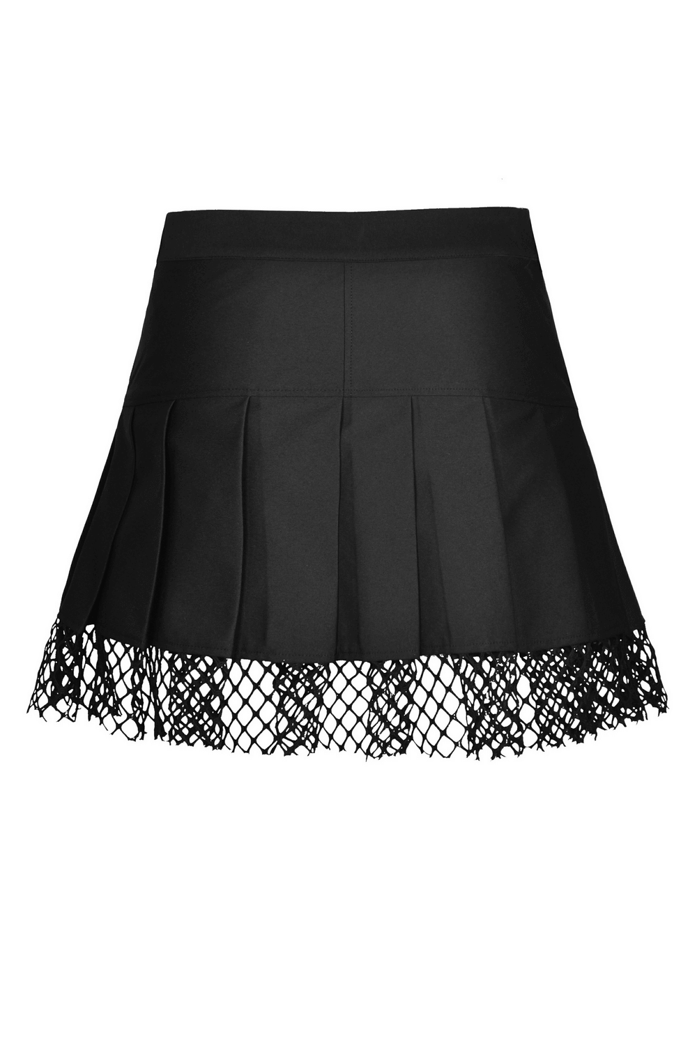 Gothic mini skirt with pleated black fabric and edgy mesh details, perfect for a rockstar vibe.