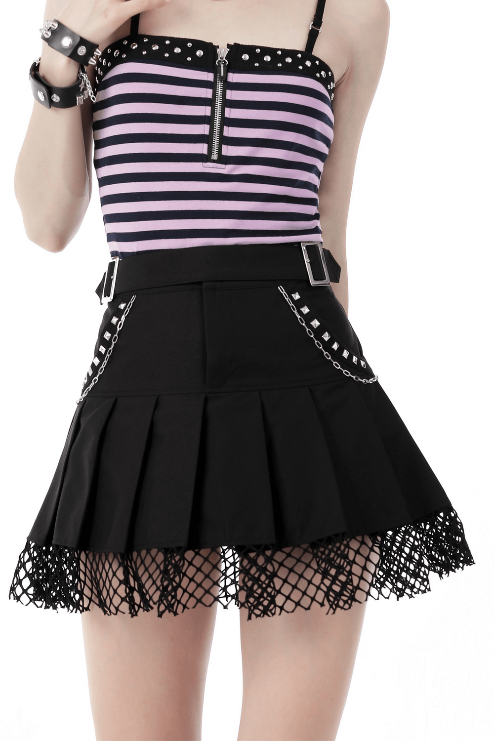 Edgy gothic mini skirt with pleated mesh and studded details, perfect for a rockstar look.