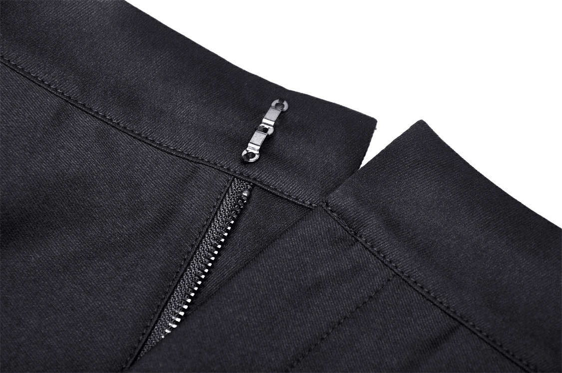 Close-up of Gothic mini skirt waistband with zipper and studded details for a stylish edgy look.