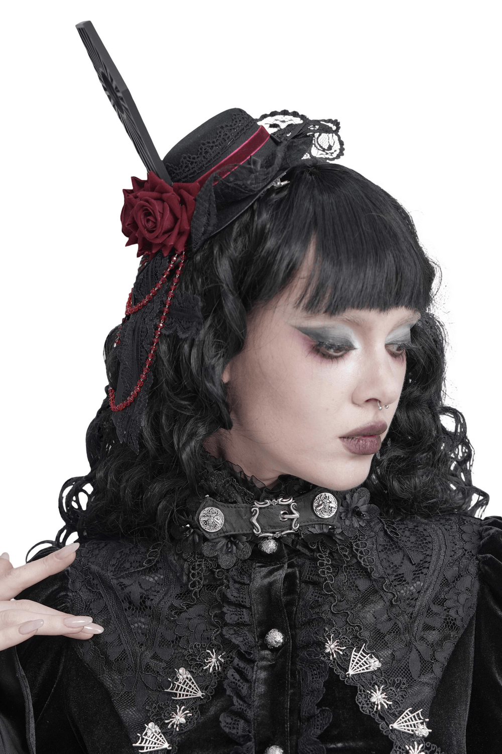 Gothic Mini Top Hat Fascinator with Lace Veil and Roses