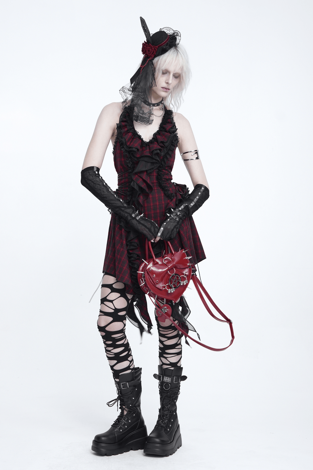 Gothic Mini Top Hat Fascinator with Lace Veil and Roses
