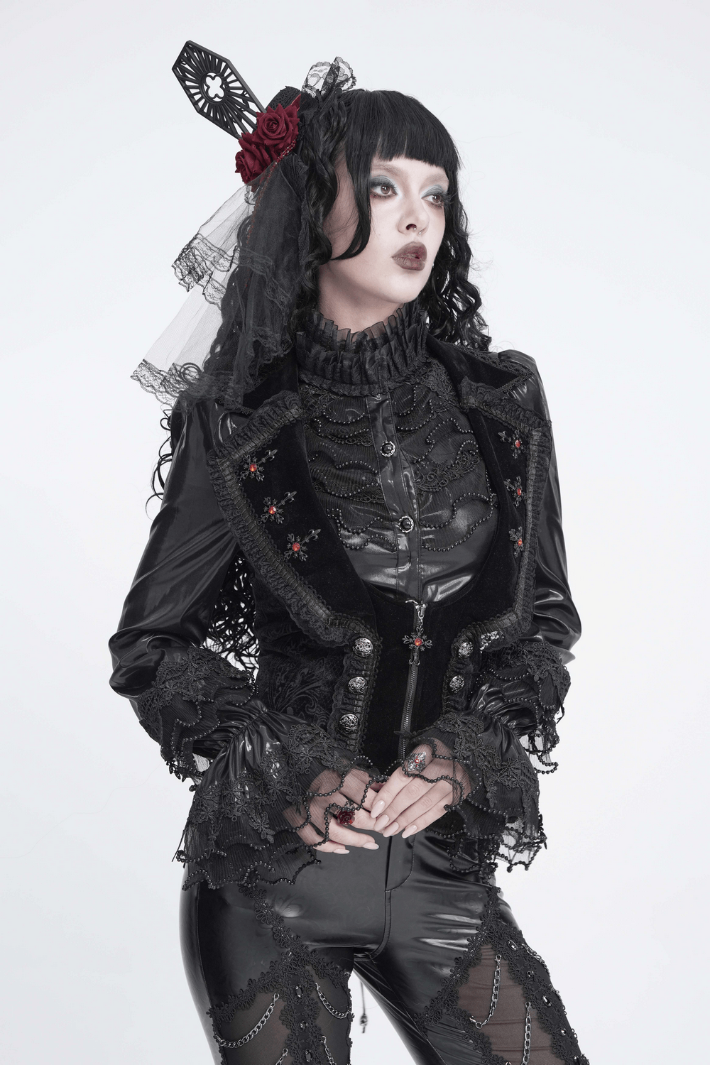 Gothic Mini Top Hat Fascinator with Lace Veil and Roses