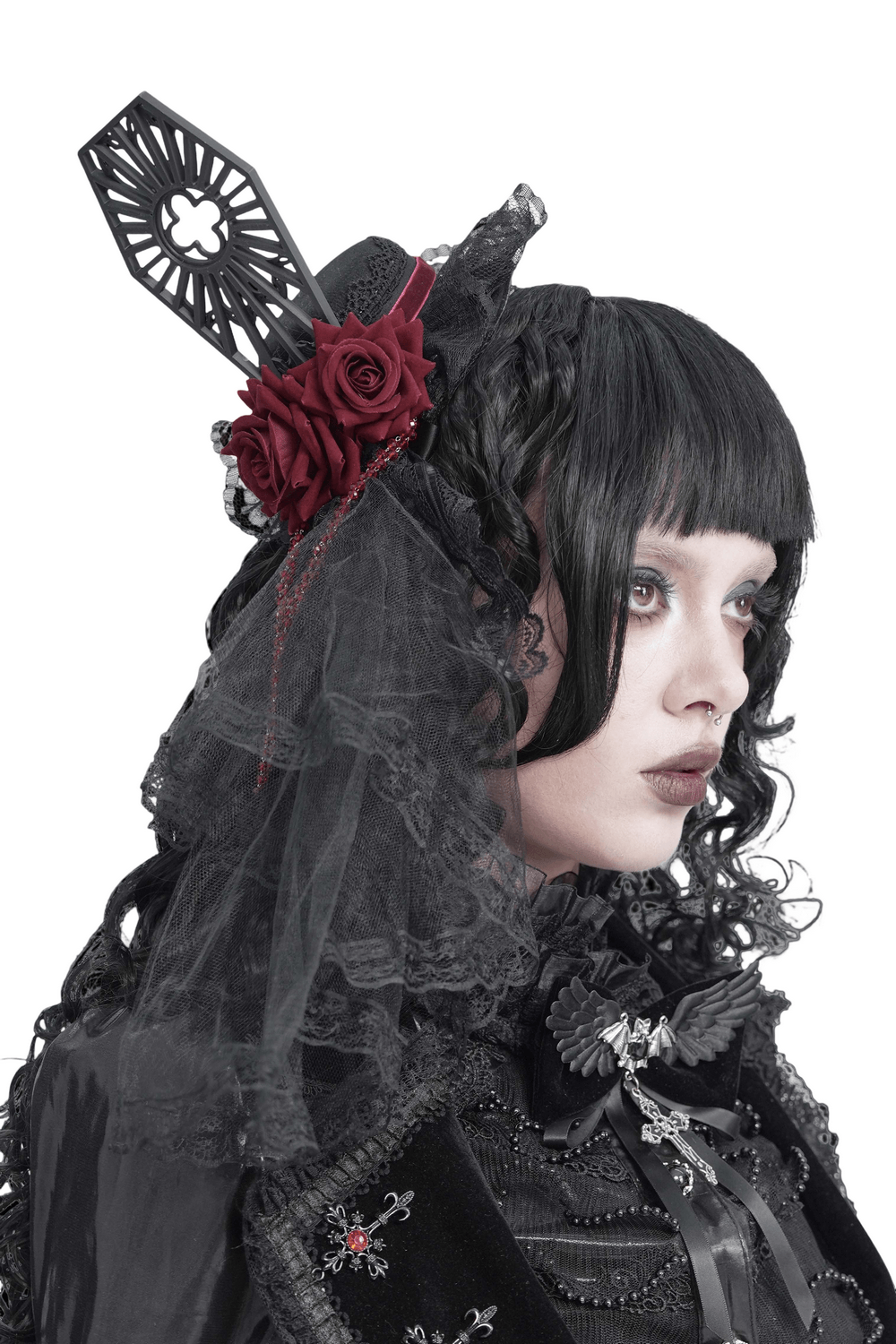 Gothic Mini Top Hat Fascinator with Lace Veil and Roses