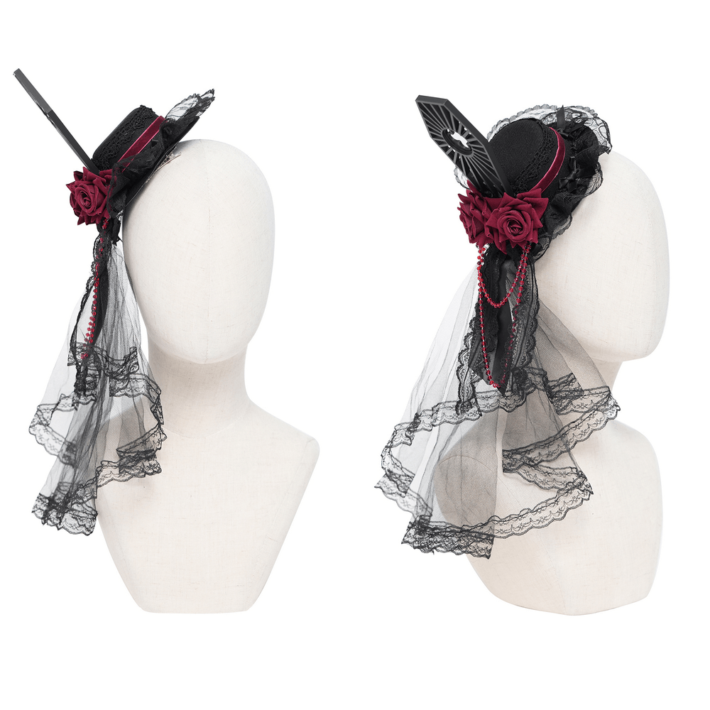 Gothic Mini Top Hat Fascinator with Lace Veil and Roses