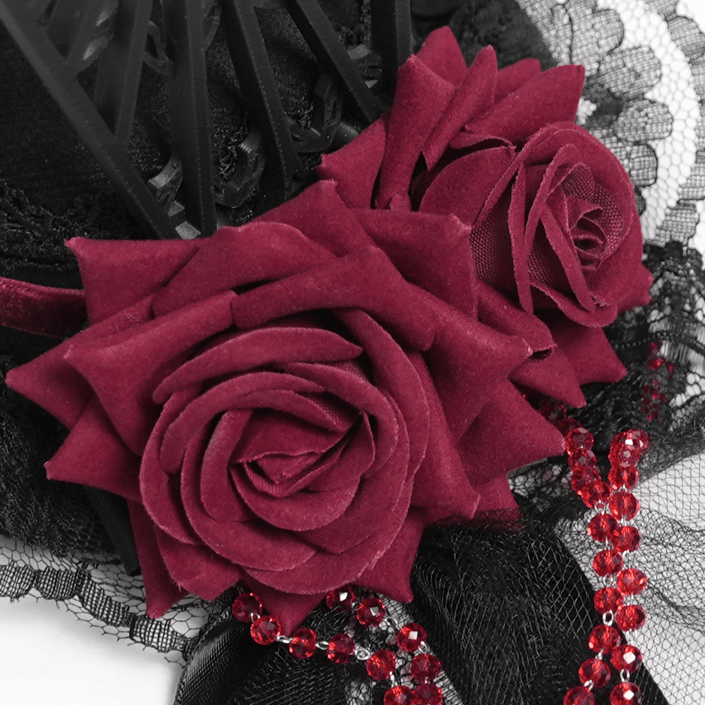 Gothic Mini Top Hat Fascinator with Lace Veil and Roses