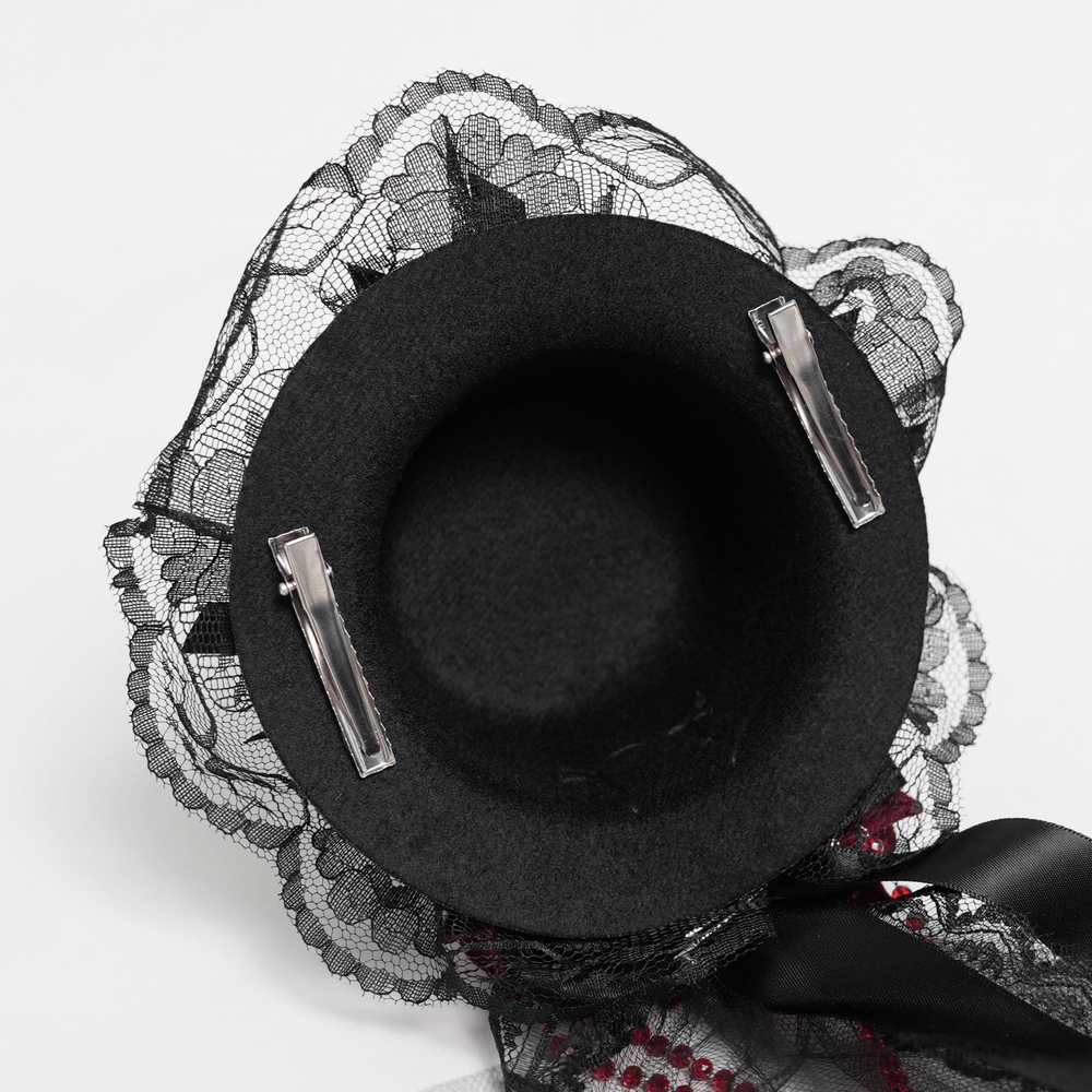 Gothic Mini Top Hat Fascinator with Lace Veil and Roses