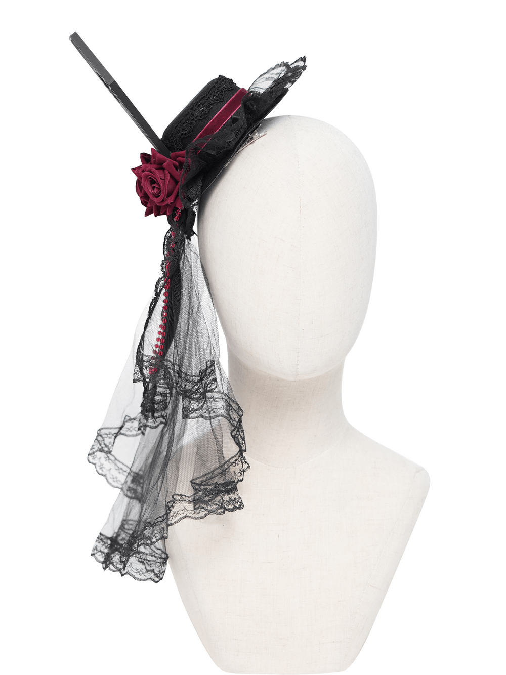 Gothic Mini Top Hat Fascinator with Lace Veil and Roses