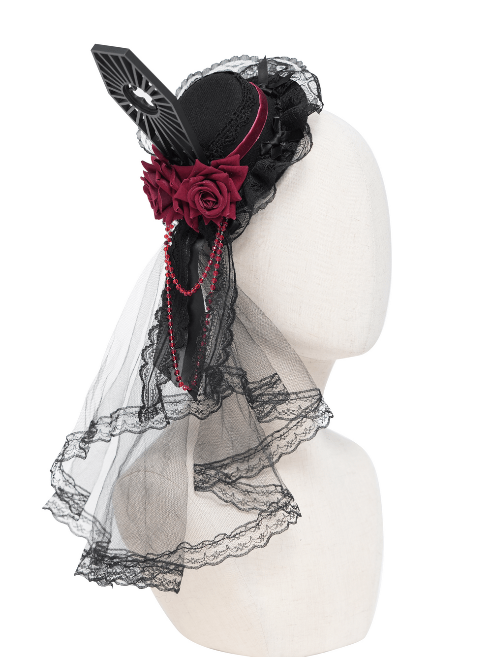 Gothic Mini Top Hat Fascinator with Lace Veil and Roses