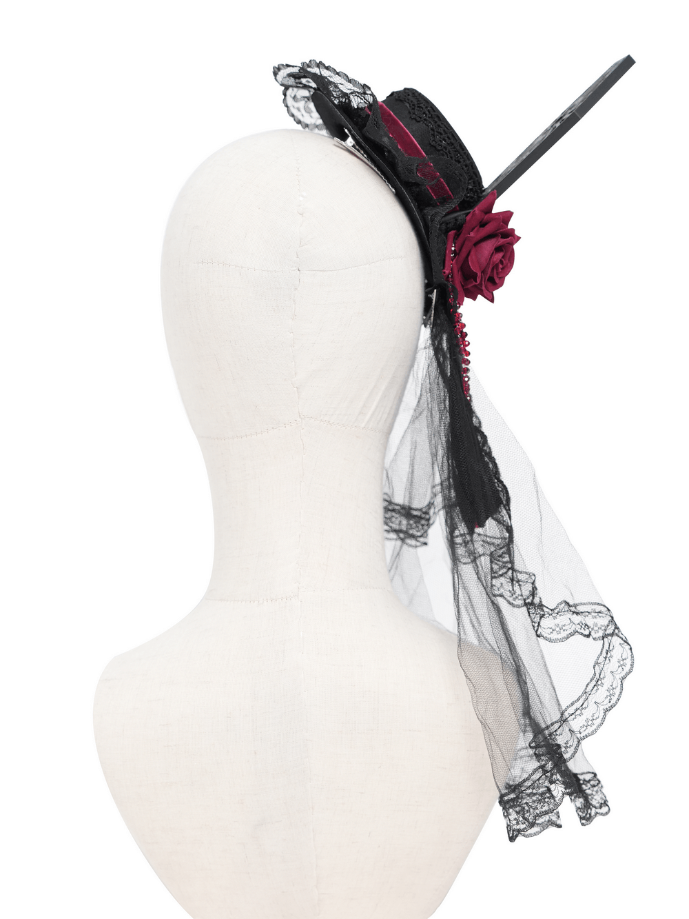 Gothic Mini Top Hat Fascinator with Lace Veil and Roses