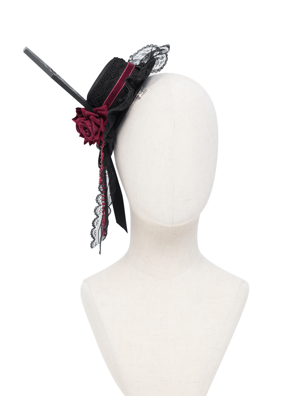 Gothic Mini Top Hat Fascinator with Lace Veil and Roses
