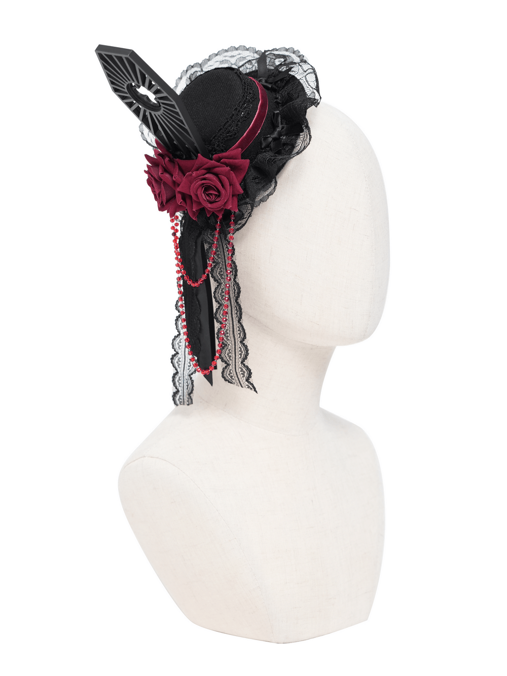 Gothic Mini Top Hat Fascinator with Lace Veil and Roses