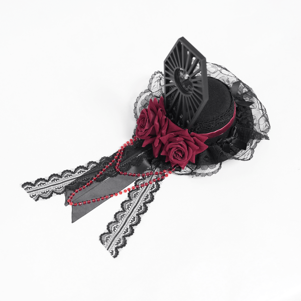 Gothic Mini Top Hat Fascinator with Lace Veil and Roses