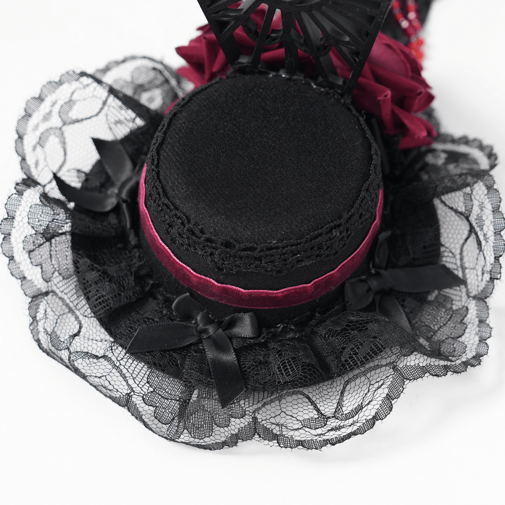 Gothic Mini Top Hat Fascinator with Lace Veil and Roses