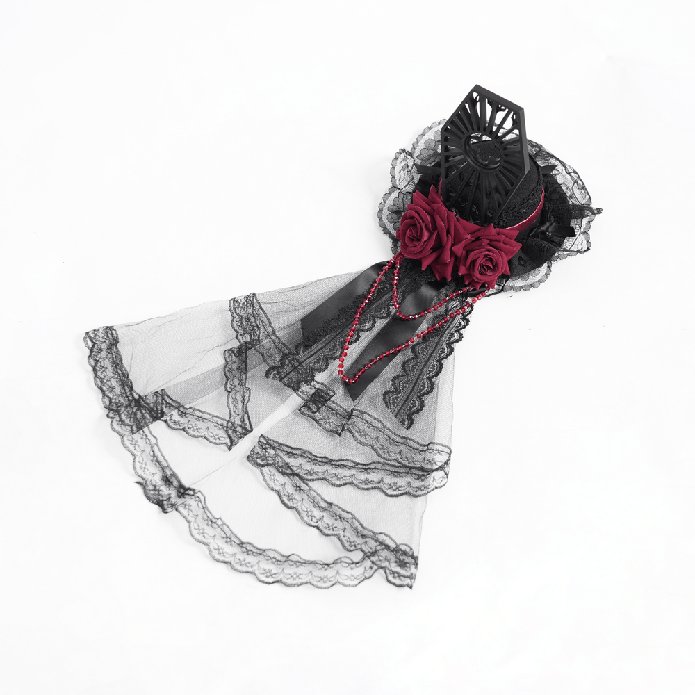 Gothic Mini Top Hat Fascinator with Lace Veil and Roses