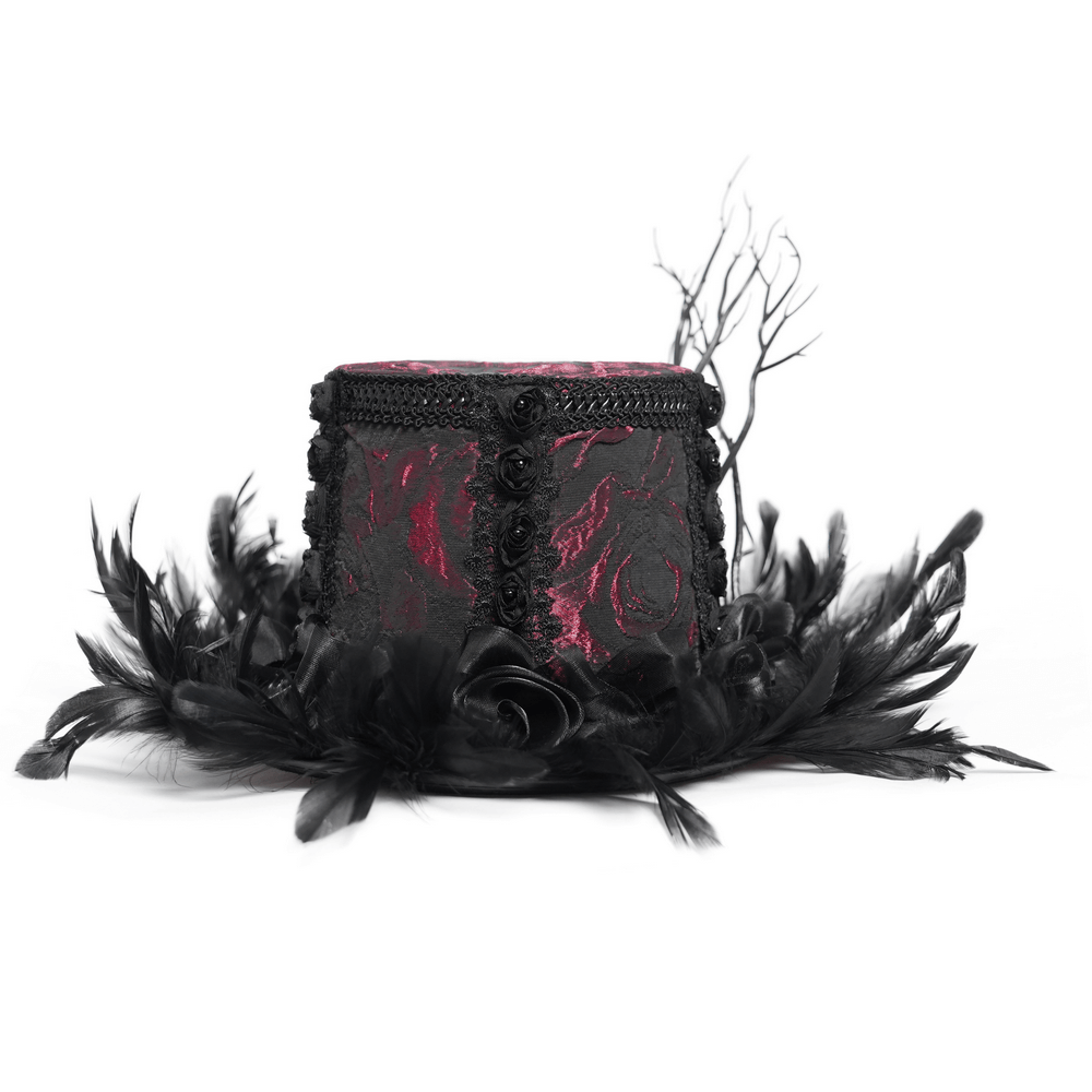 Gothic mini top hat with black feathers and red rose brocade, perfect for Victorian-themed events and cosplay.