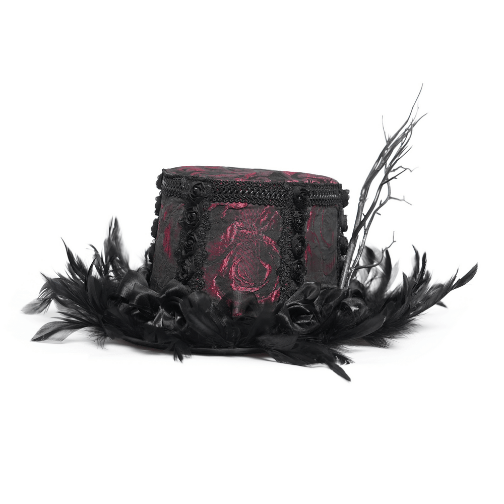 Gothic mini top hat with black feathers and rose brocade for Victorian-themed events and cosplay.