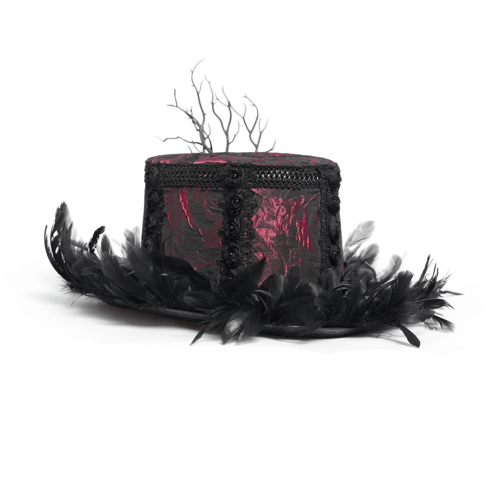 Gothic mini top hat with black feathers, red rose brocade, and lace accent, perfect for cosplay and themed events.
