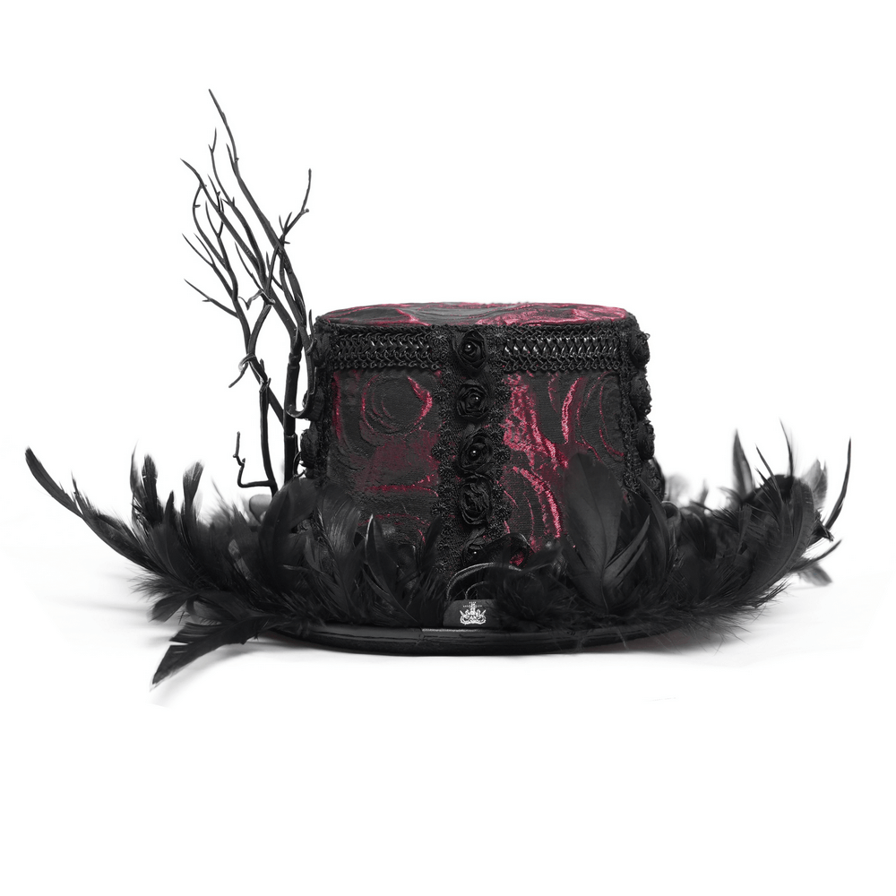 Gothic mini top hat with black feathers, red rose brocade, and lace detail, perfect for Victorian and cosplay fashion.