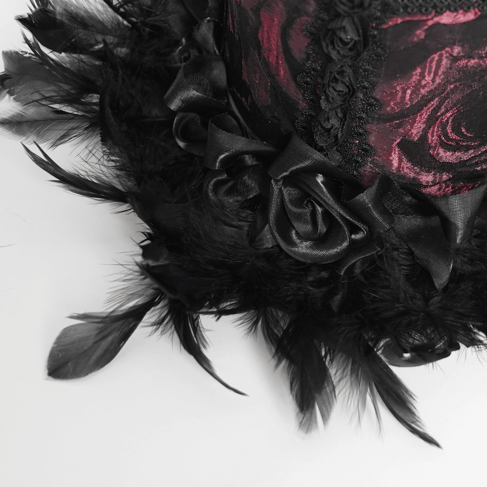 Gothic mini top hat with black feathers, roses, and deep red brocade, perfect for Victorian-themed events.