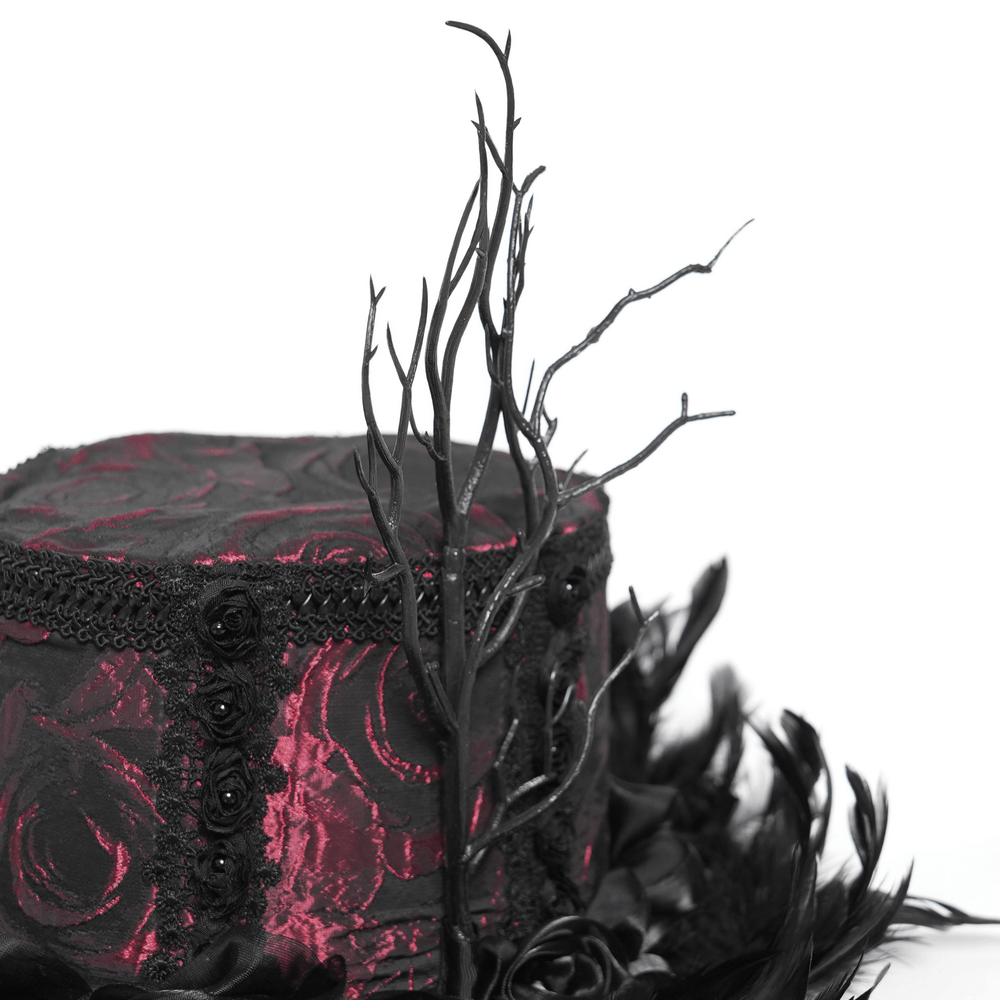 Gothic mini top hat with black feathers, deep red rose brocade, and elegant side branch detail.
