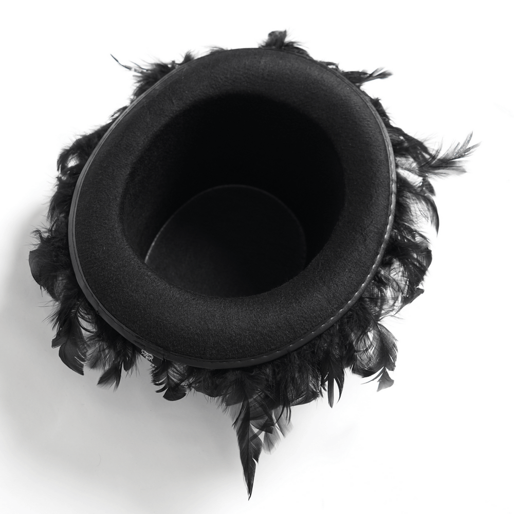 Gothic mini top hat interior with black feathers, perfect for Victorian-themed fashion and cosplay.