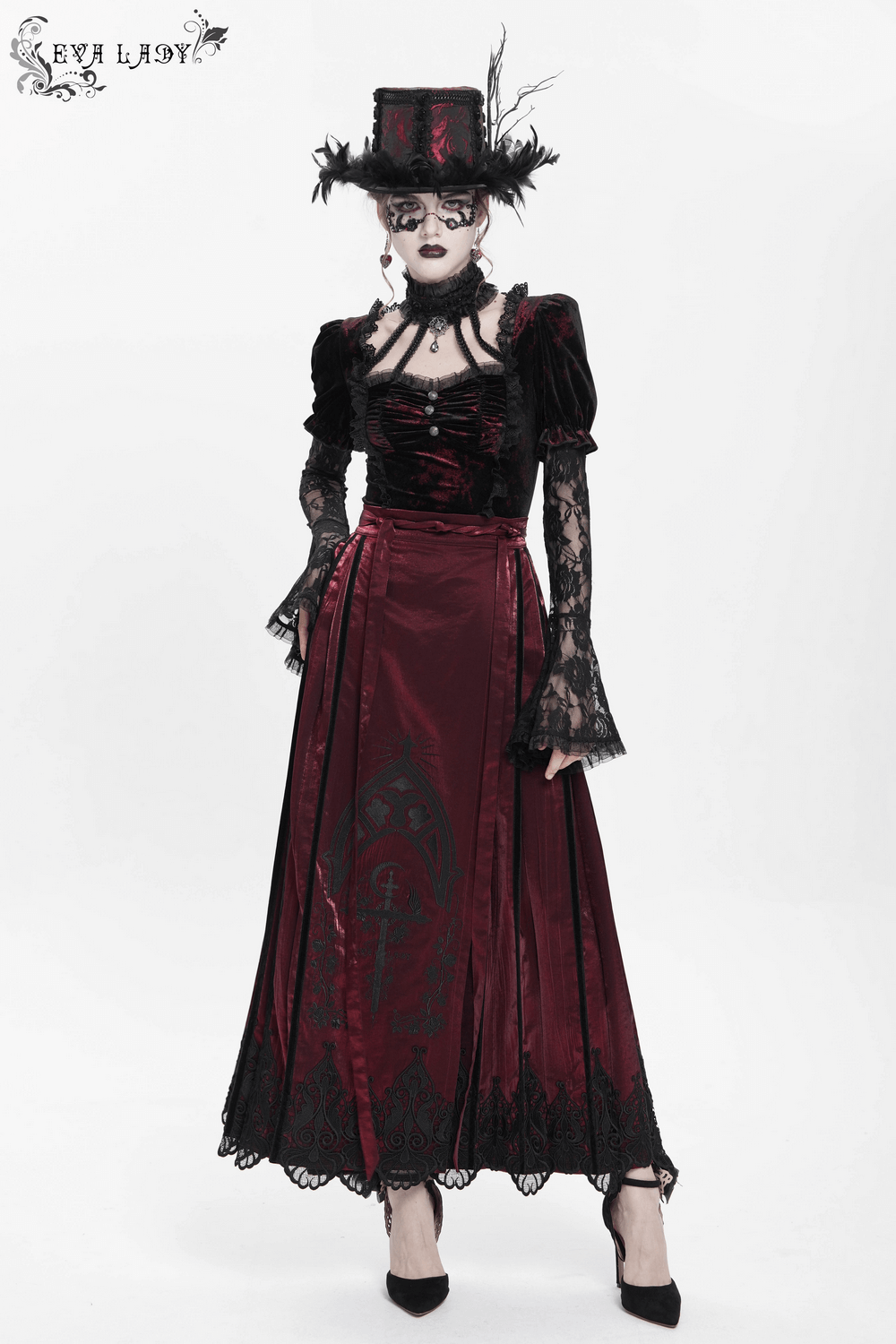 Gothic Victorian woman in a rich red gown and mini top hat with feathers, perfect for cosplay or themed events.