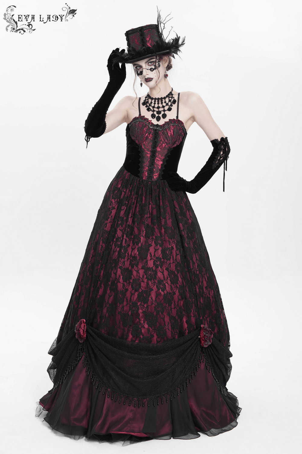 Gothic Victorian woman in black lace dress, mini top hat, gloves, and elegant jewelry for dark romance theme.