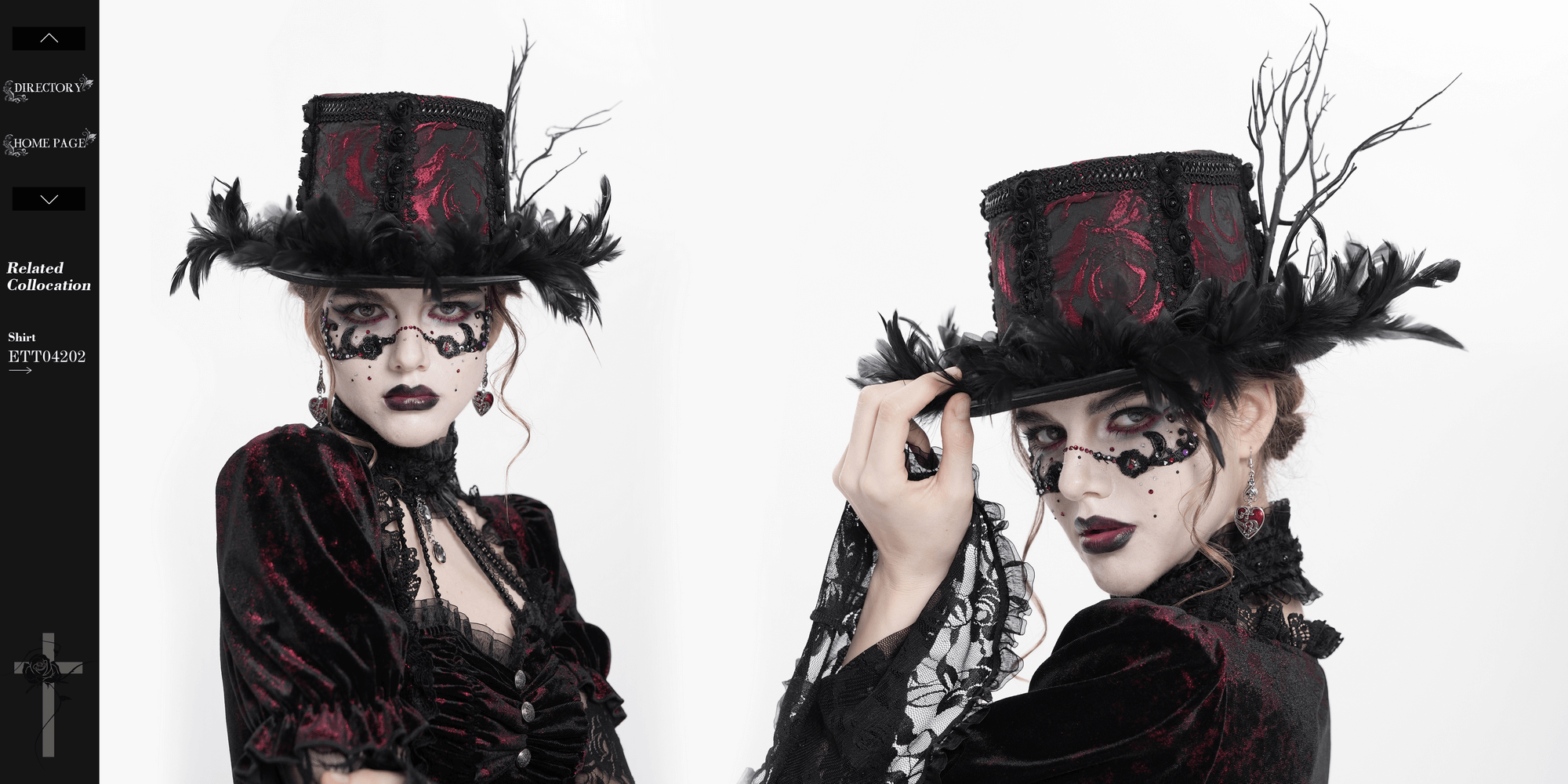 Gothic mini top hat with black feathers and rose brocade on model, perfect for Victorian fashion and themed events.