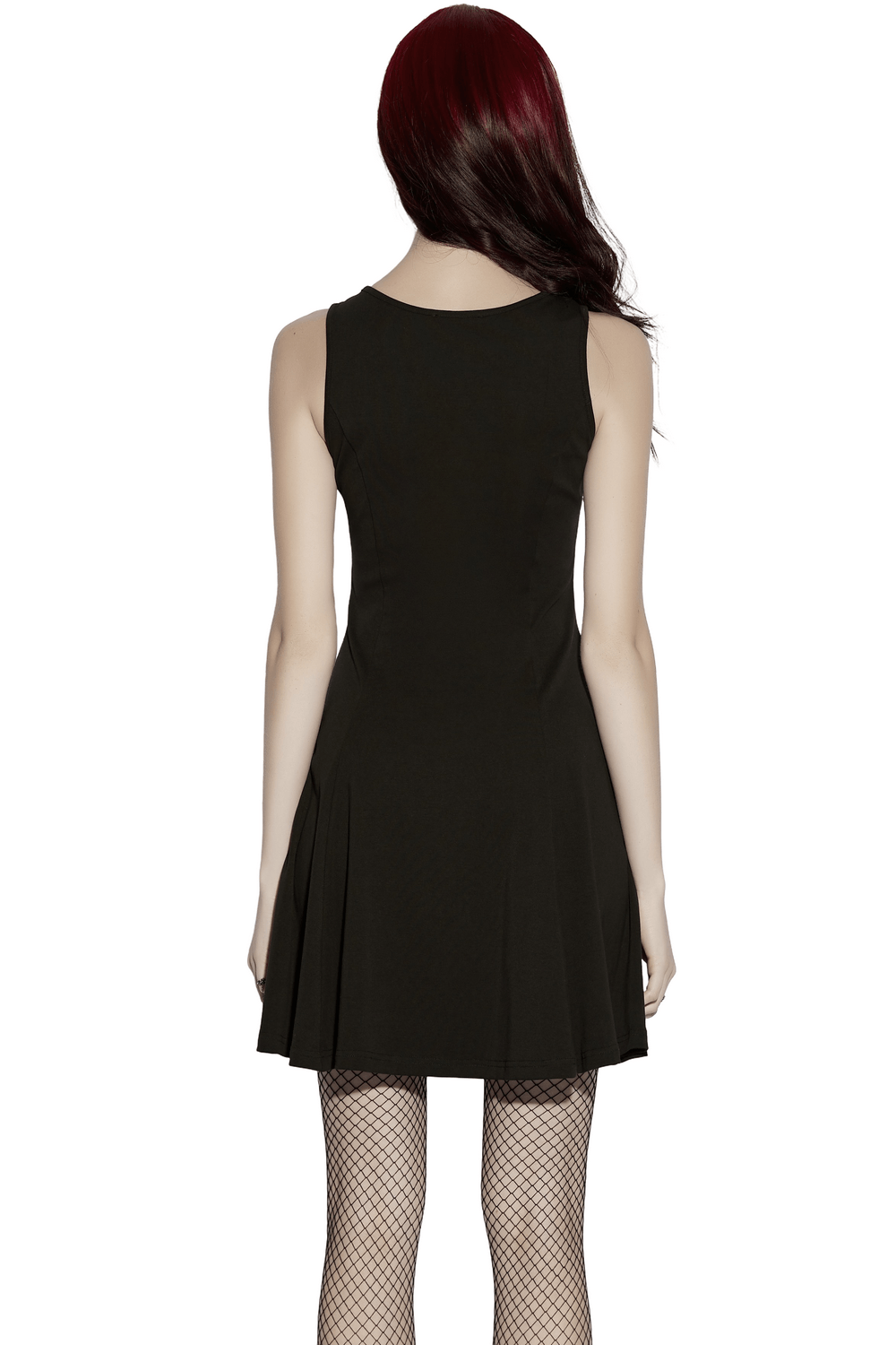 Alt Tag: Gothic Moon Phase Skater Black Dress for Women back view, sleeveless skater silhouette in black with flared skirt and fishnet tights