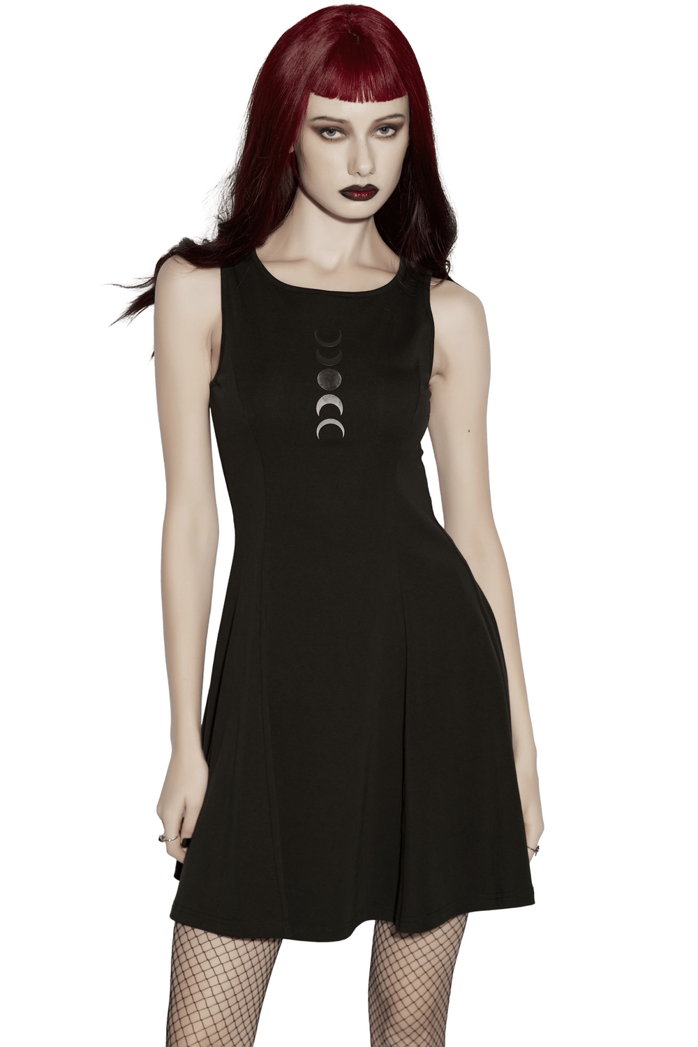 Alt Tag: Gothic Moon Phase Skater Black Dress for Women with gradient crescent moon print, minimalist ribbed skater silhouette