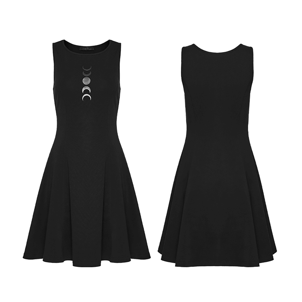 Gothic Moon Phase Skater Black Dress for Women