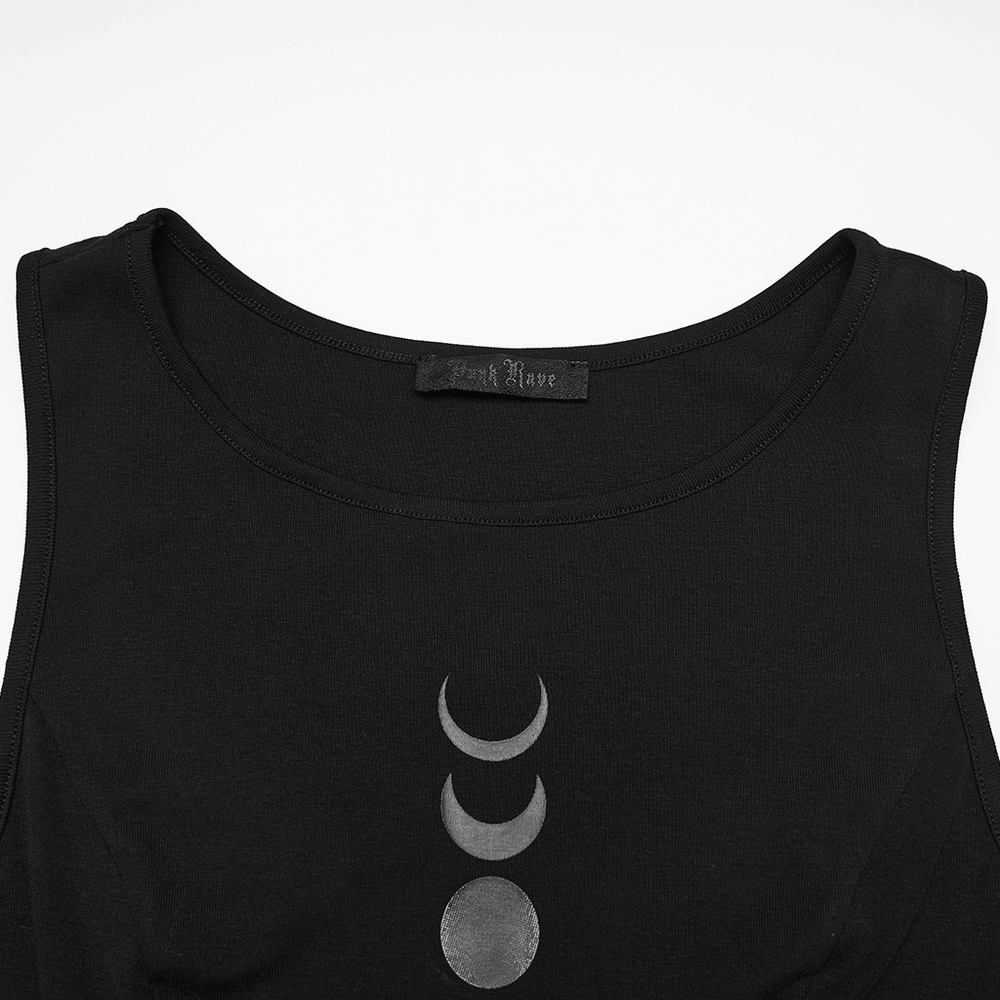 Alt Tag: Gothic Moon Phase Skater Black Dress for Women close-up of black ribbed fabric with gradient crescent moon print