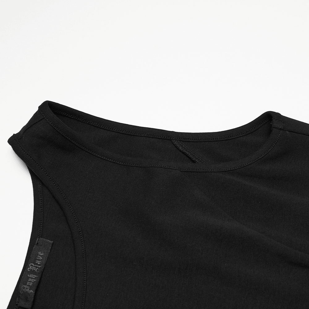 Alt Tag: Gothic Moon Phase Skater Black Dress for Women close-up of black ribbed fabric neckline detail, sleek witchy skater style