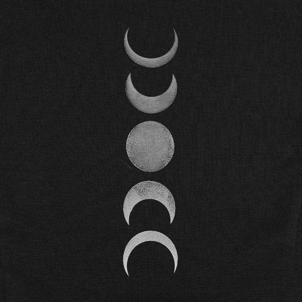 Alt Tag: Gothic Moon Phase Skater Black Dress for Women with gradient crescent moon phases print on black ribbed fabric