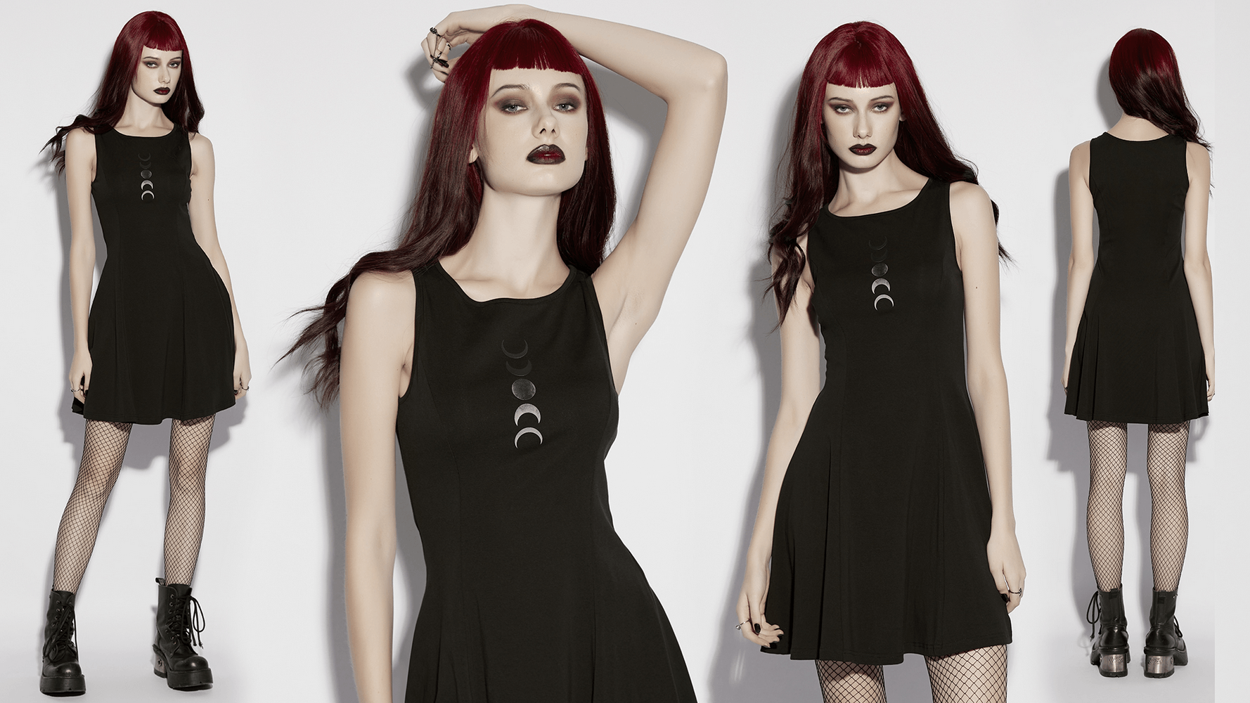 Alt Tag: Gothic Moon Phase Skater Black Dress for Women in ribbed fabric with moon phase print, witchy skater silhouette