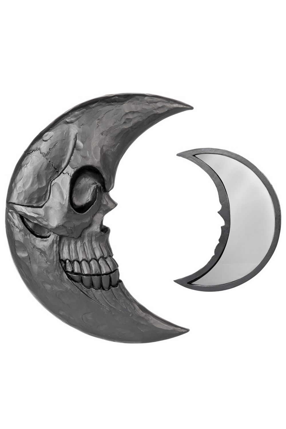 Gothic moon-shaped mirror with skull detail, perfect for dark decor and occult aesthetics.