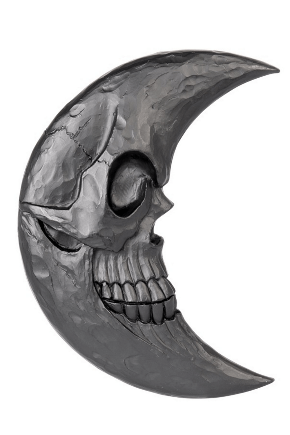 Gothic moon-shaped skull mirror with intricate detailing in black resin for dark decor.