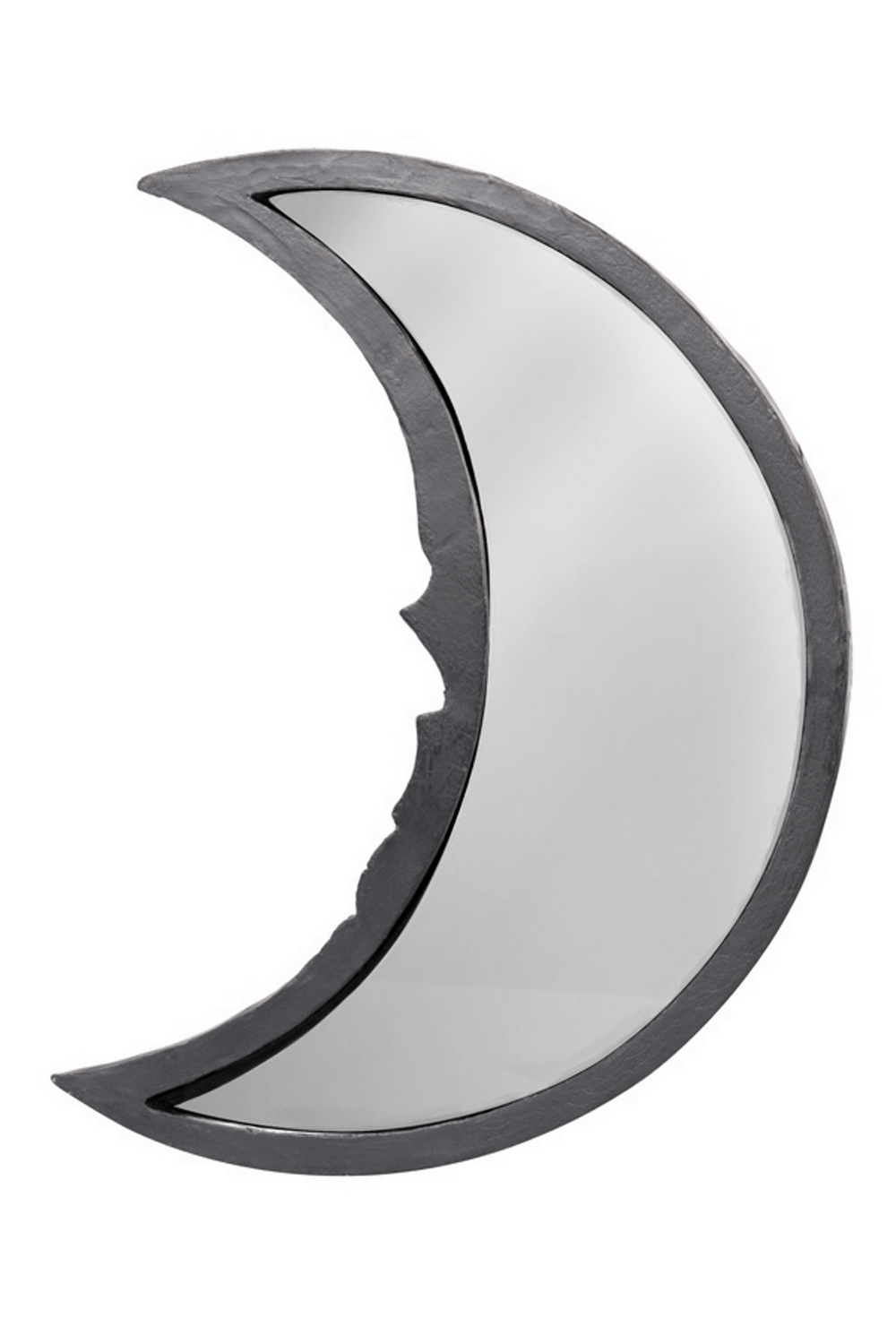 Gothic moon-shaped skull mirror in black resin, perfect for dark decor and occult lovers.