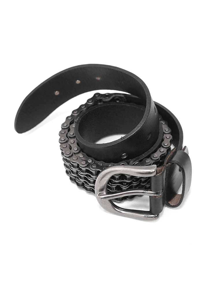 Gothic motorcycle chain belt made of leather and metal, perfect accessory for men's gothic outfits.