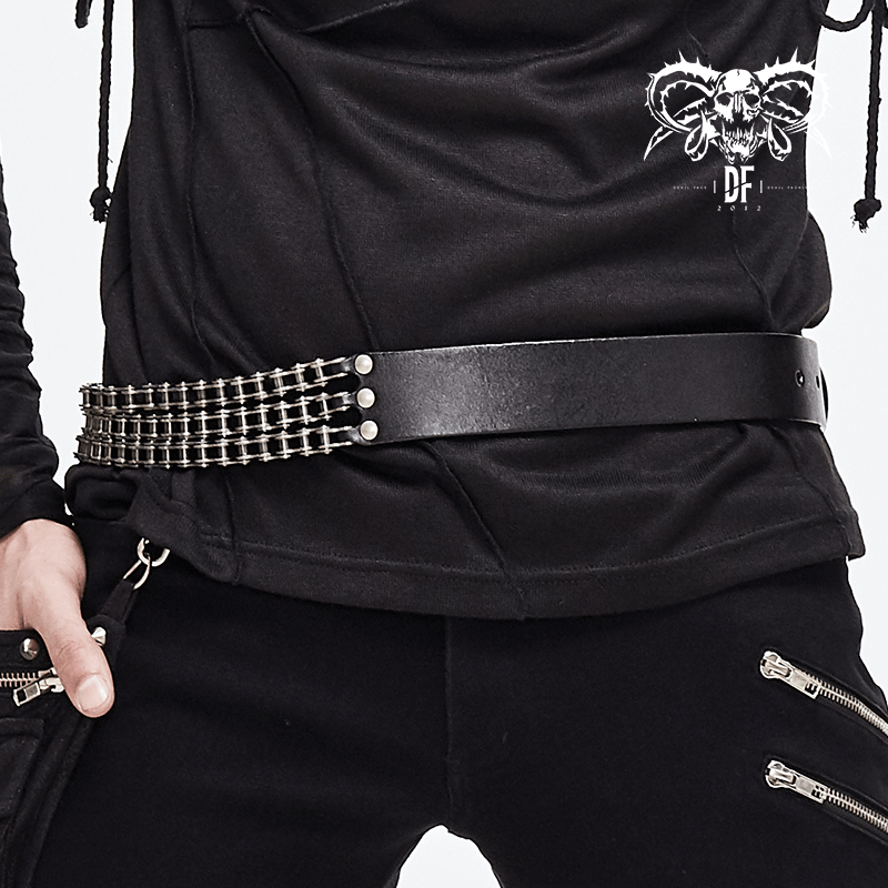 Gothic motorcycle chain belt made of leather and metal, stylish accessory for men, perfect for enhancing gothic outfits.