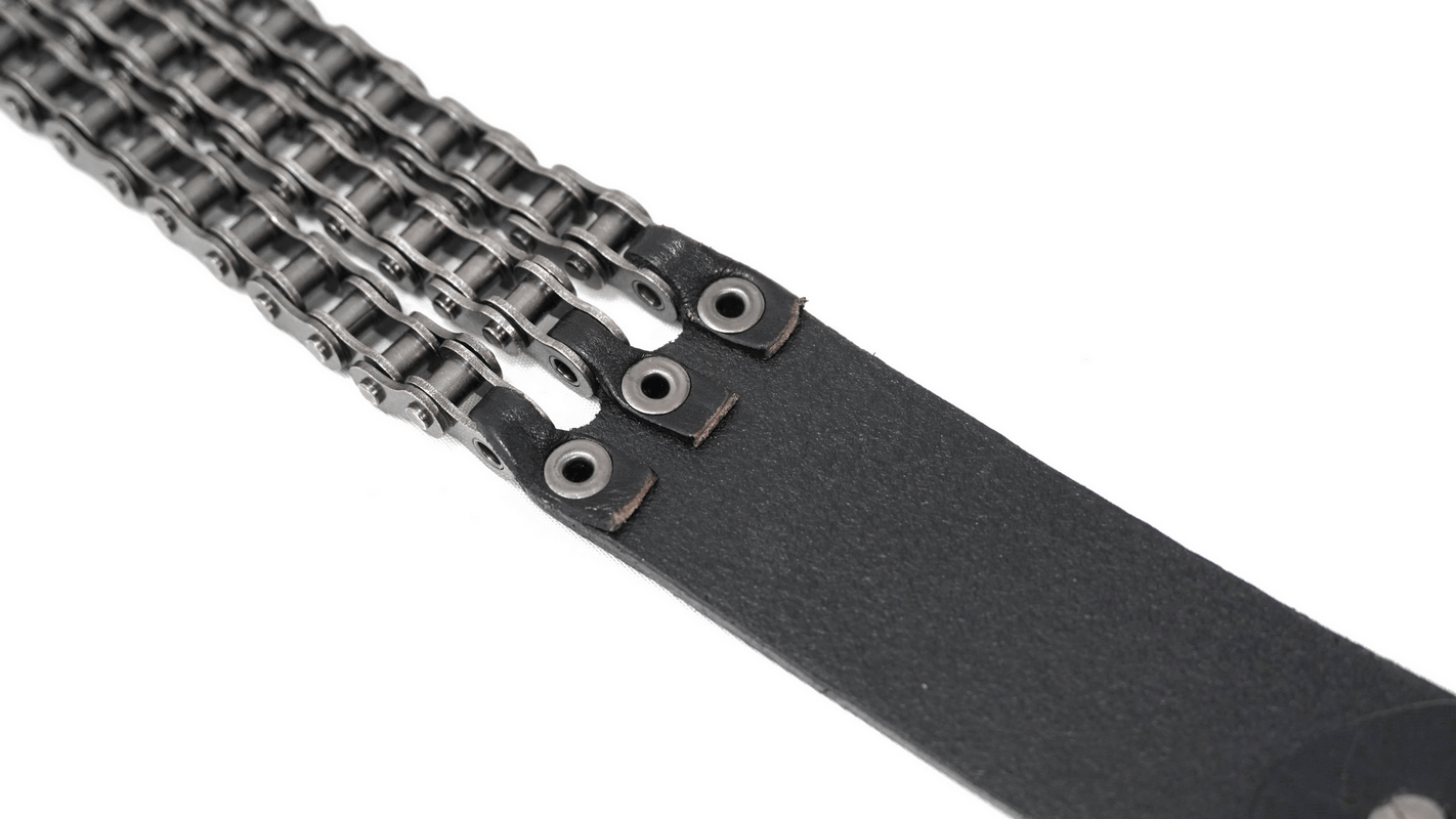 Gothic motorcycle chain belt made of leather and metal, perfect for men's jeans outfits.