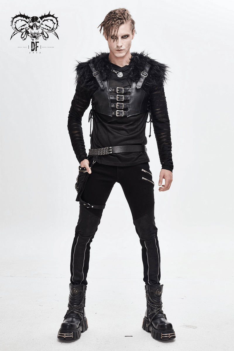 Stylish male model in gothic leather outfit with fur accents, showcasing a bold, edgy fashion statement.