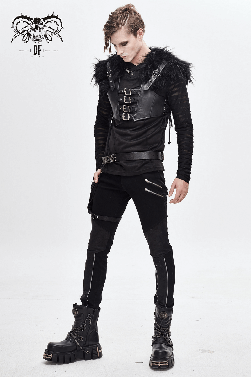 Gothic male model in leather outfit with buckles and fur, showcasing edgy fashion style.