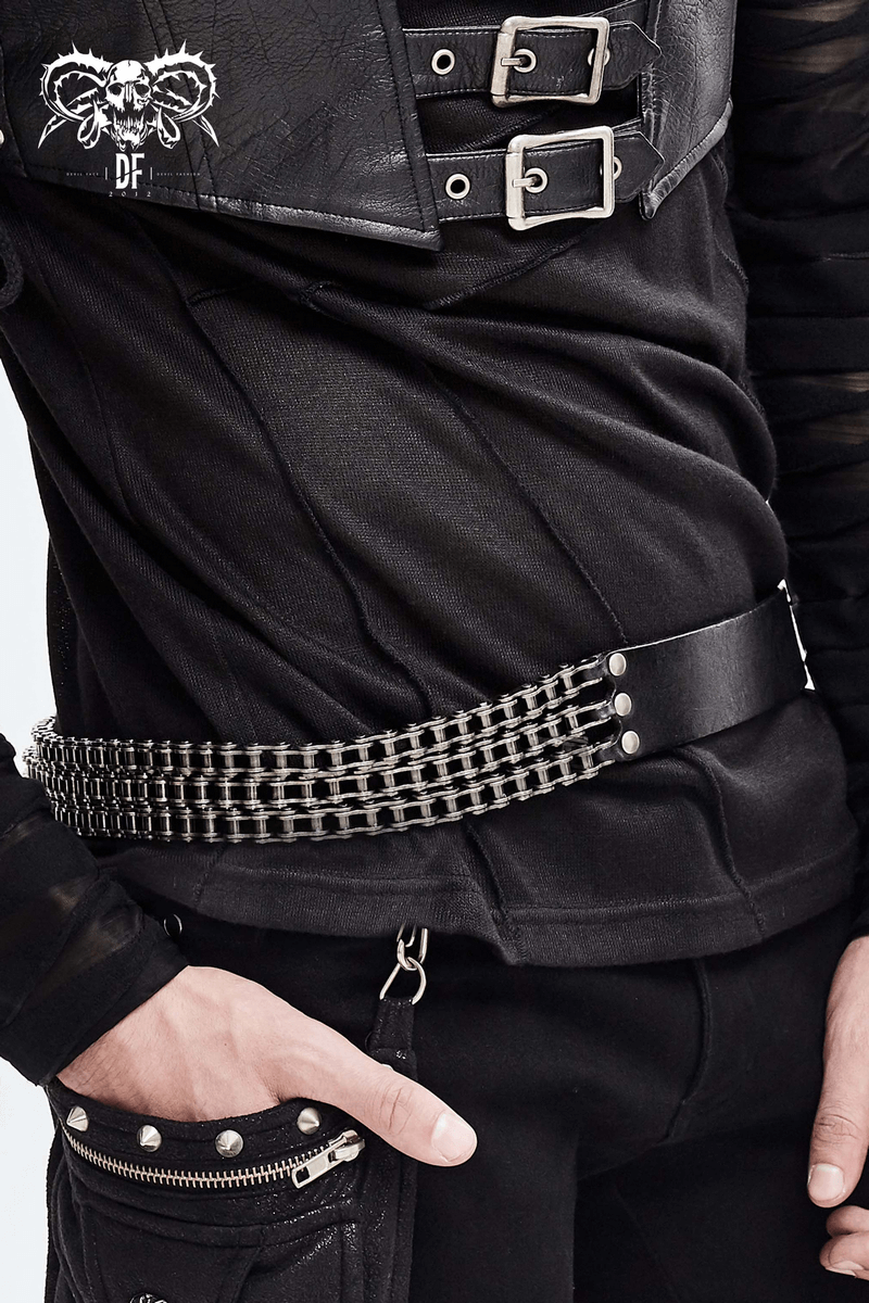 Gothic motorcycle chain belt made of leather and metal, stylishly worn with black outfit, perfect gothic accessory for men.