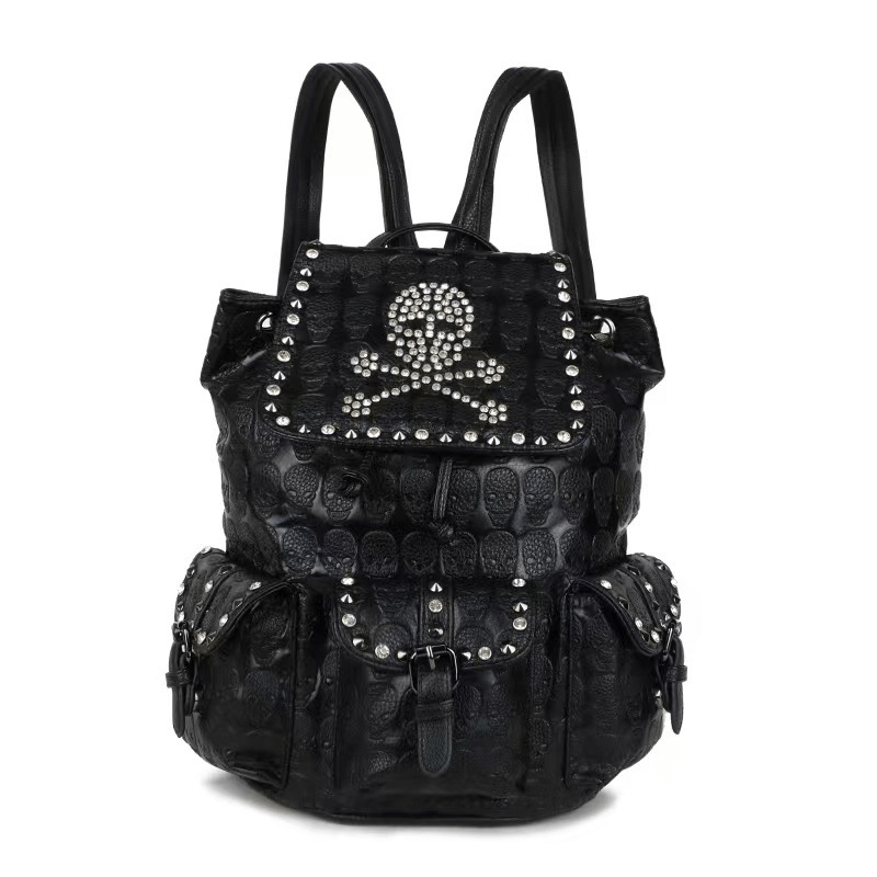 Gothic Multi-pockets Studded Backpack / Fashion Skull Pattern Black Rucksack - HARD'N'HEAVY