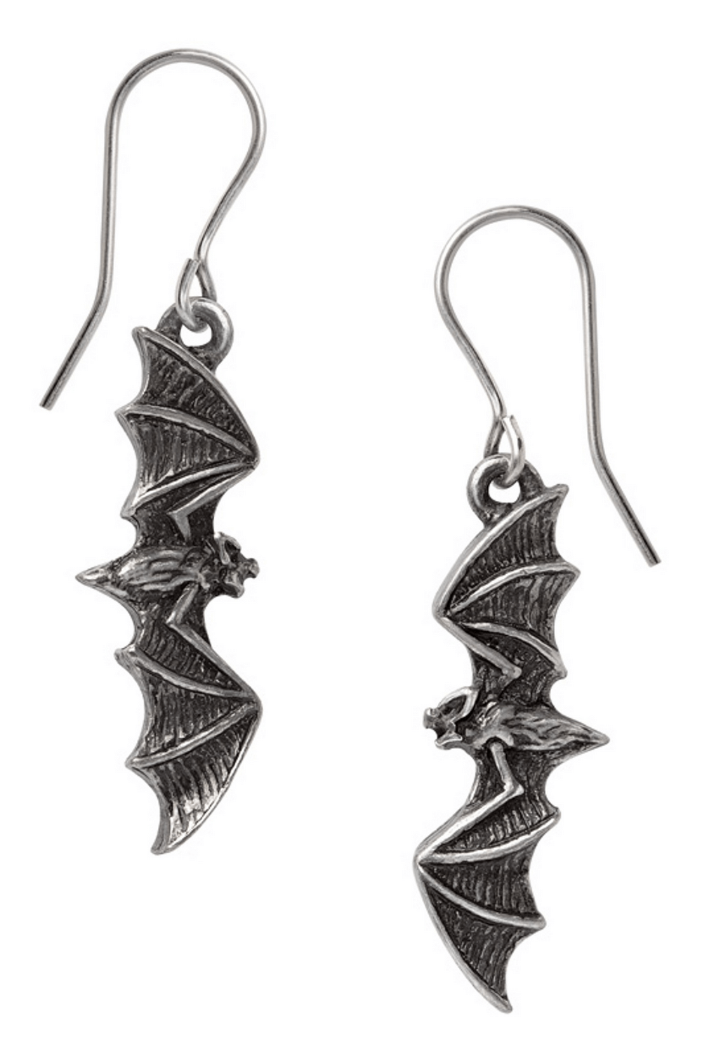 Gothic Nightflight Bat Earrings in antique pewter, showcasing elegant bat designs perfect for a mysterious look.