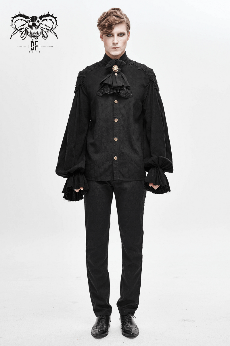 Vintage Gothic man in stylish black attire with ruffled collar and elegant brooch, perfect for alternative fashion.