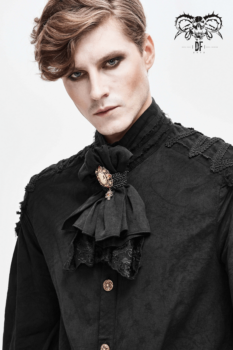 Gothic noir men's bow tie with brooch, styled with lace and a vintage flair for an alternative look.