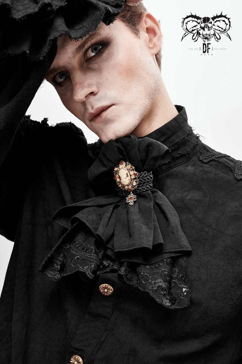 Men's gothic bow tie with brooch, styled elegantly for vintage alternative fashion.